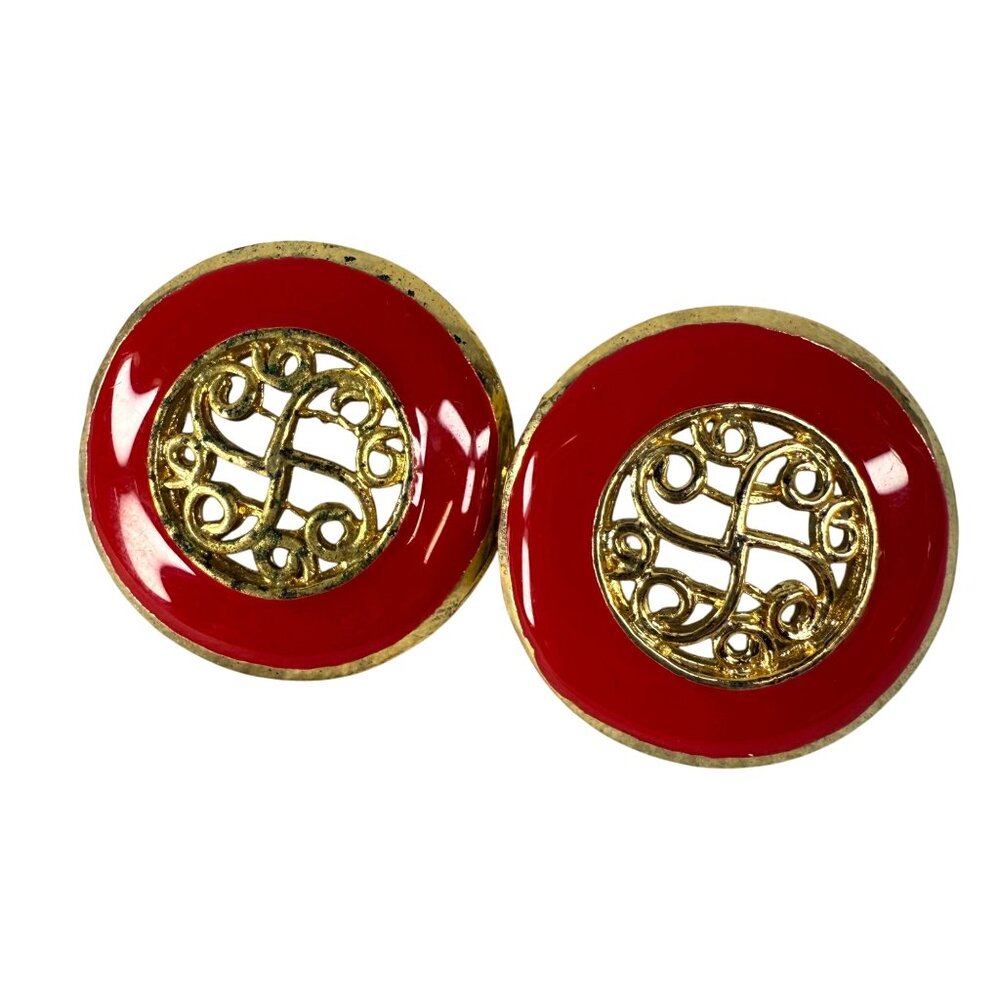 Vintage Gold-Tone Red Circle Pierced Earrings With Filigree Design Details